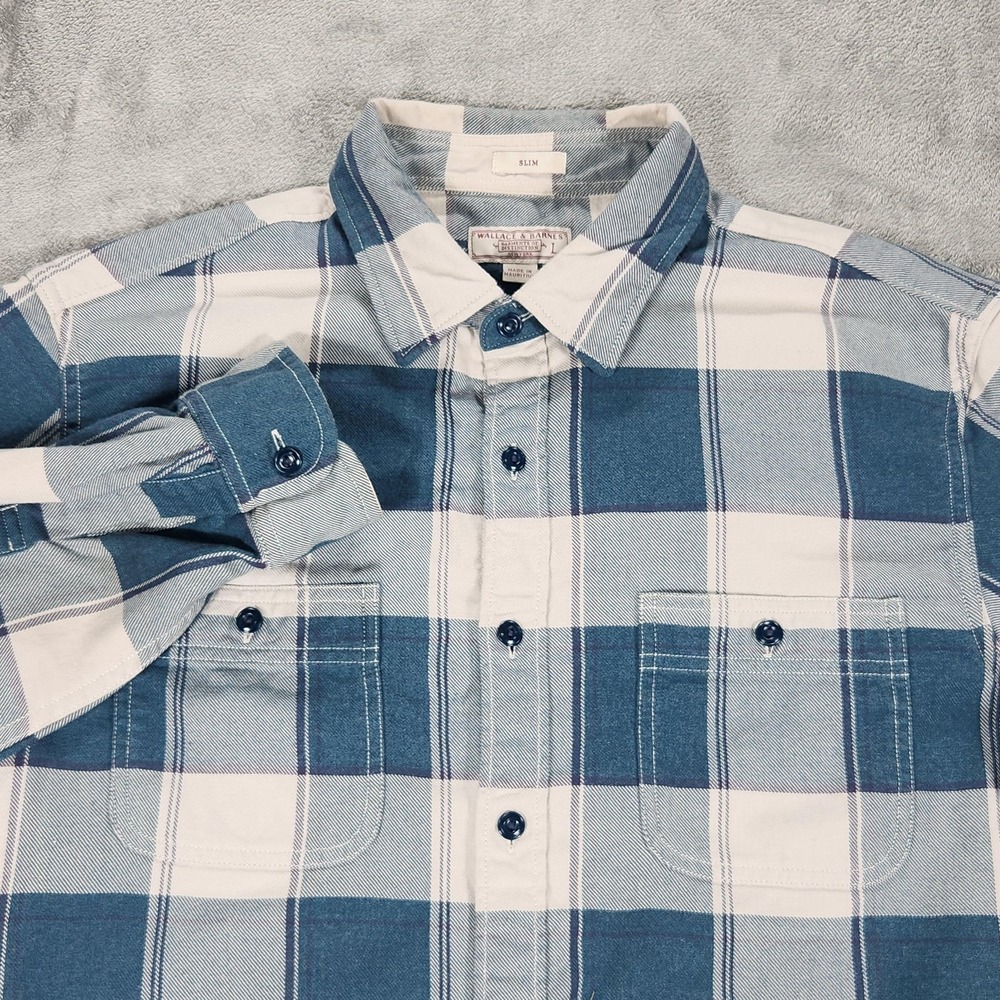 Wallace & Barnes Shirt Mens Large Blue Plaid‎ Flannel Slim Long Sleeve Button Up